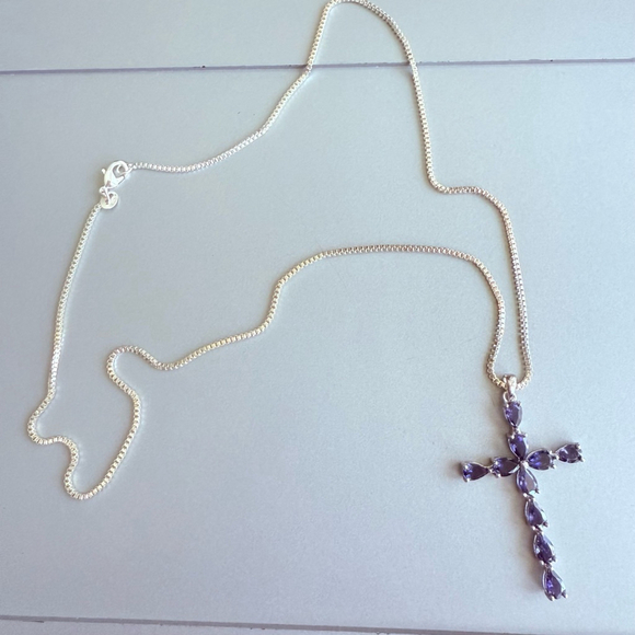 Faux Sapphire Blue CZ 925 Sterling Silver 2" Large Cross Pendant Necklace - Picture 6 of 8